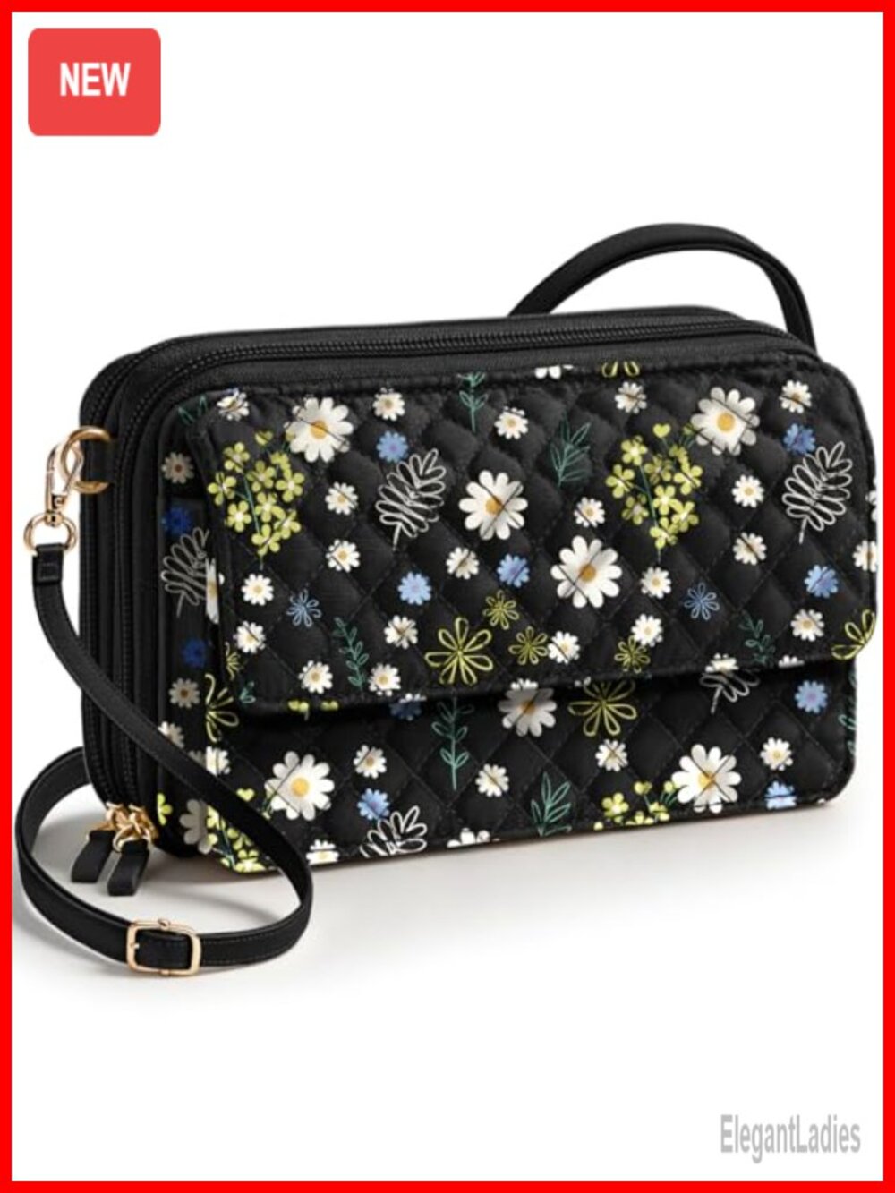 Quilted Cotton Crossbody Bag RFID Wallet Phone Pocket Adjustable Strap